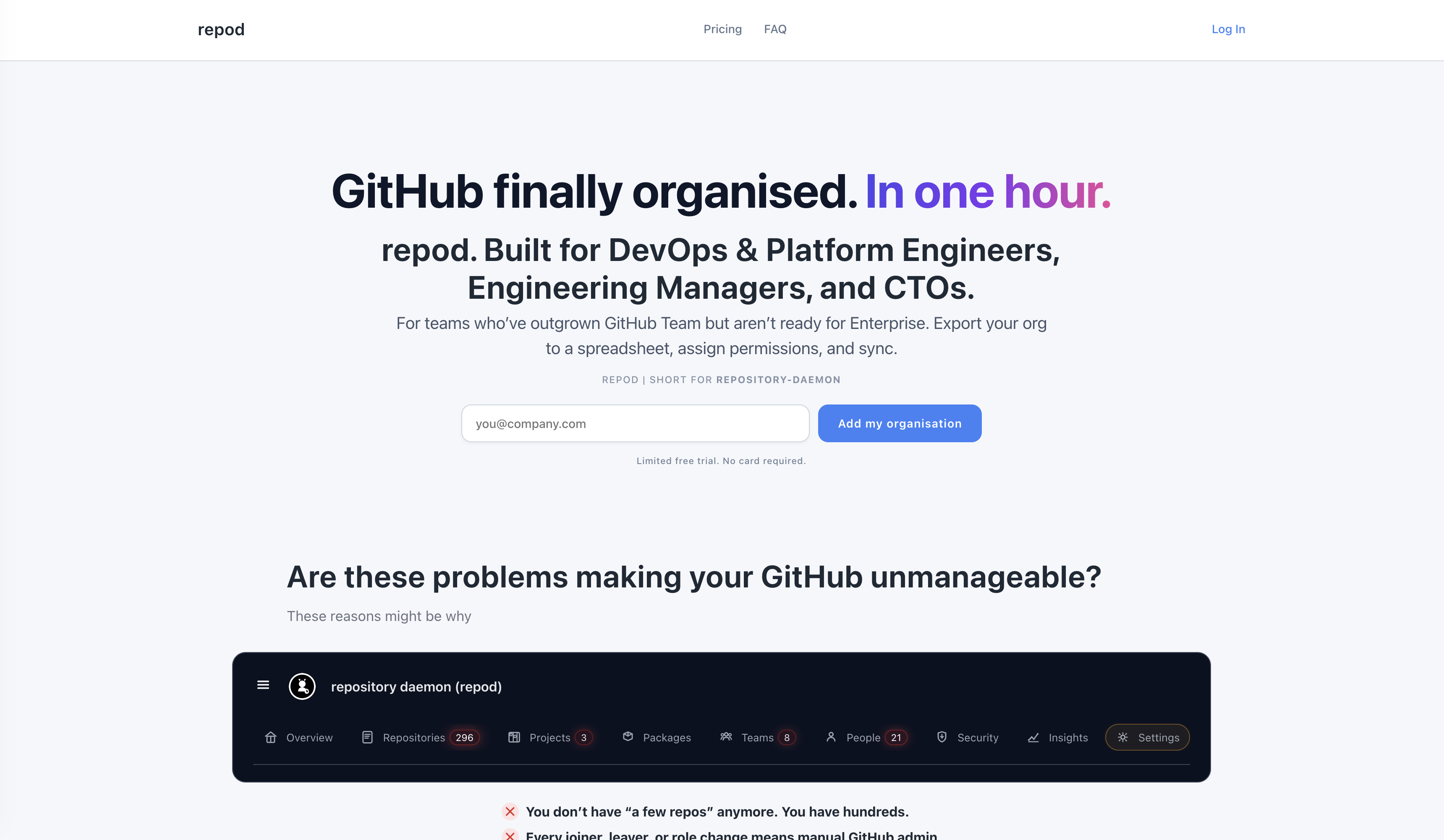 repod.dev product screenshot showing repository and team assignments